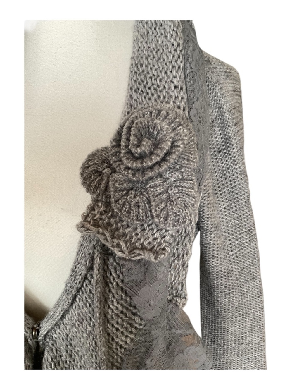 Sioni Grey Knit Lace Cardigan Sweater Coat Boho Romantic Size L - Picture 4 of 9